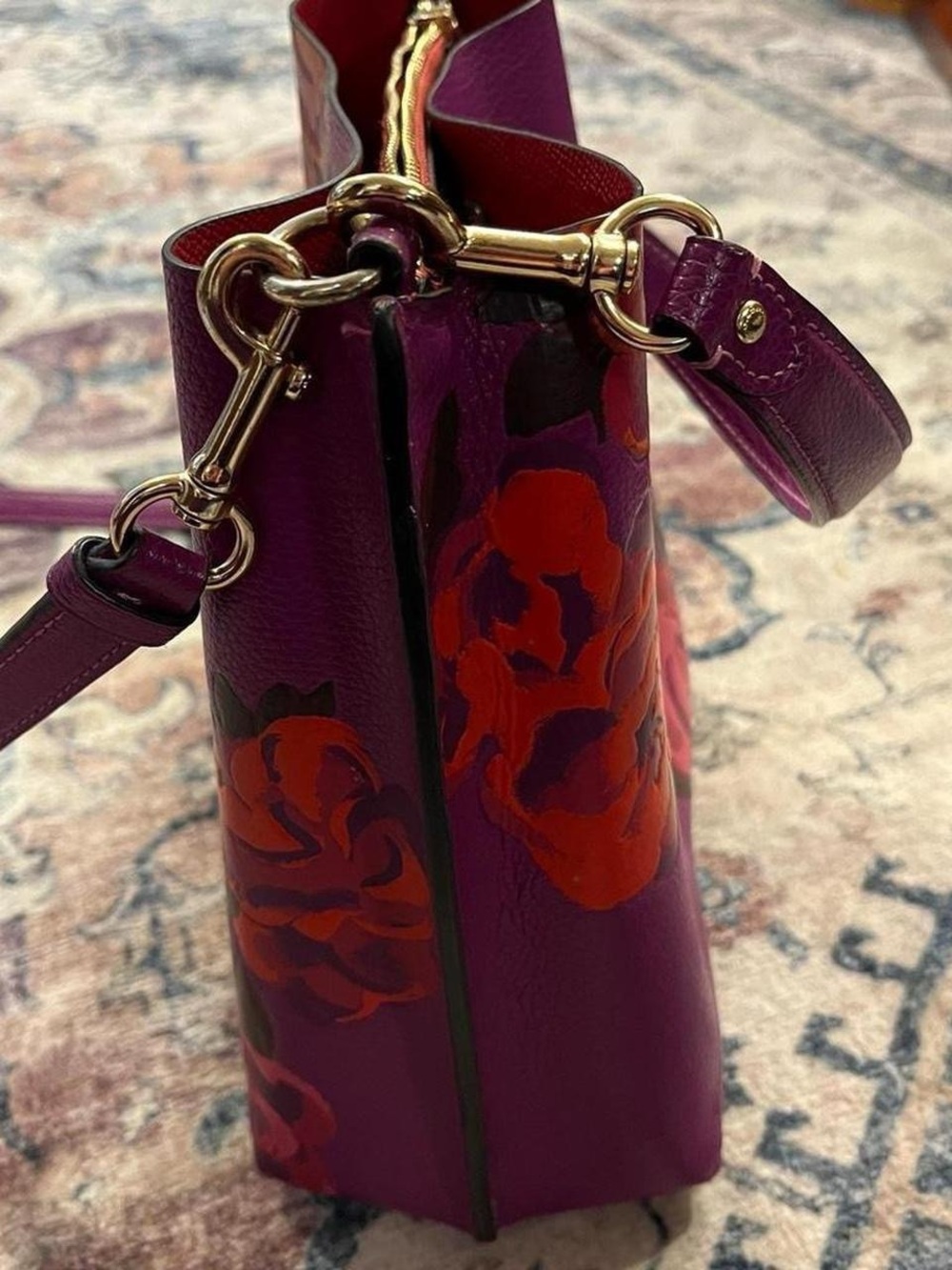Coach Purple Floral Leather Mollie Bucket Bag - Picture 7 of 8